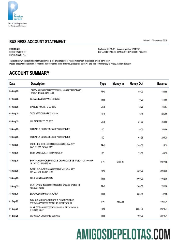 Baixável UK The Pension Service Firm modelo de extrato de conta Word e PDF